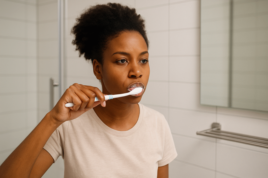 Femme noire en train de se brosser les dents sans se rincer la bouche
