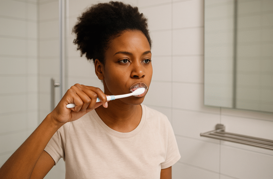 Femme noire en train de se brosser les dents sans se rincer la bouche