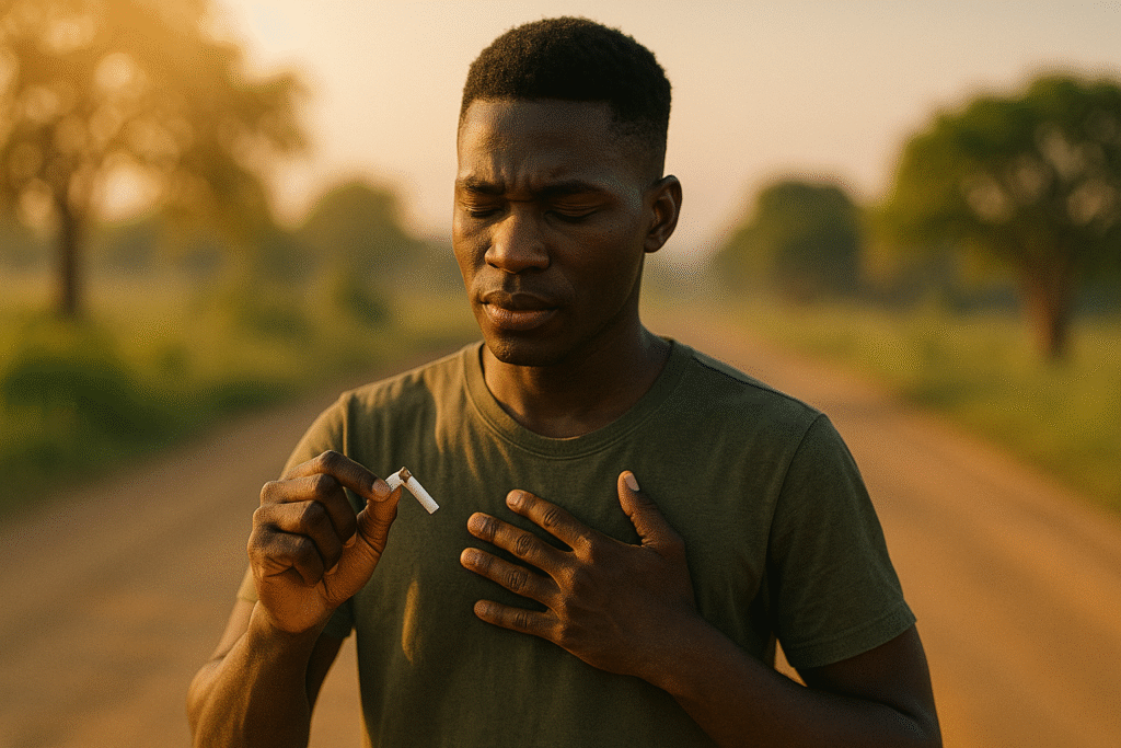 Un jeune homme africain serre une cigarette entre ses doigts et pose une main sur sa poitrine, en plein geste symbolique d'arrêt du tabac, sur un chemin en pleine nature au coucher du soleil.