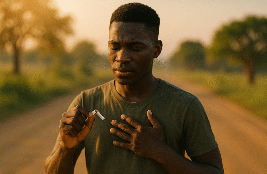 Un jeune homme africain serre une cigarette entre ses doigts et pose une main sur sa poitrine, en plein geste symbolique d'arrêt du tabac, sur un chemin en pleine nature au coucher du soleil.