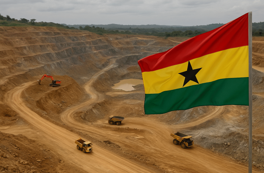Mine d’or à ciel ouvert au Ghana avec drapeau ghanéen au premier plan.