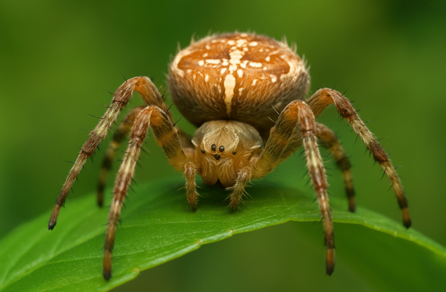 Une araignée vue de face, posée sur une feuille verte, avec un fond flou vert naturel.