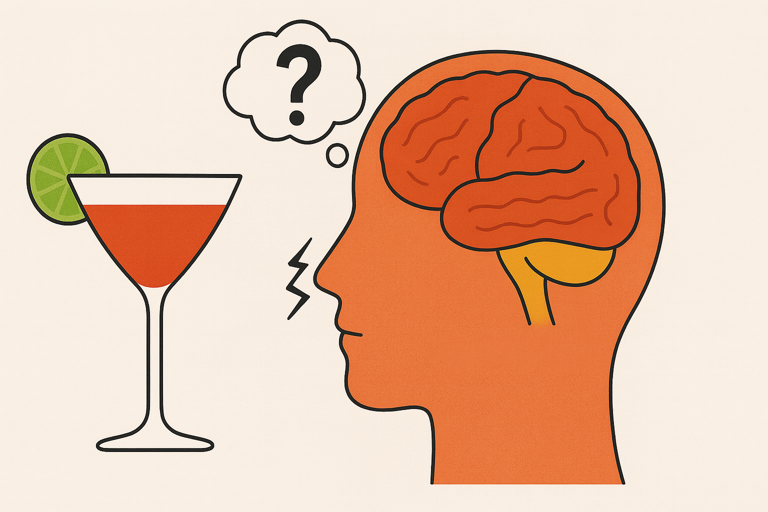 Illustration d’un cerveau humain à côté d’un verre d’alcool, symbolisant l’impact de l’alcool sur la mémoire avec un point d’interrogation.