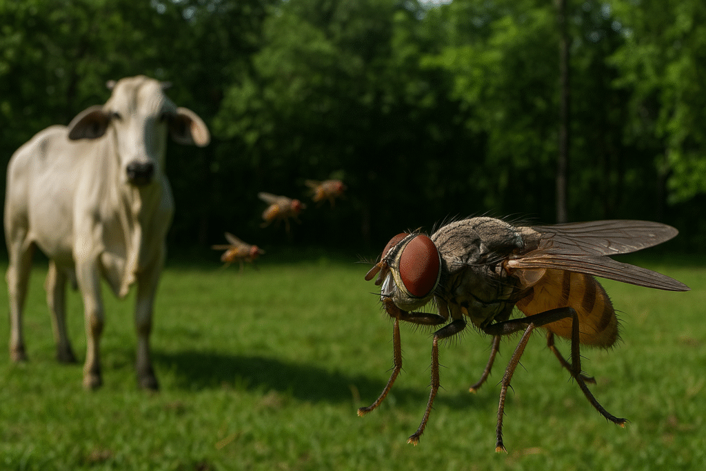 Une mouche stérile en gros plan dans un champ verdoyant, avec des bœufs à l’arrière-plan.
