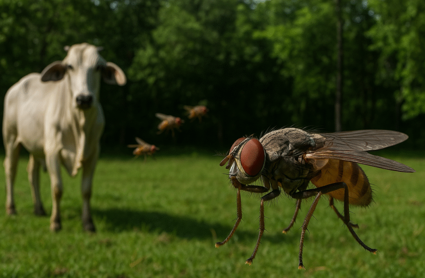 Une mouche stérile en gros plan dans un champ verdoyant, avec des bœufs à l’arrière-plan.