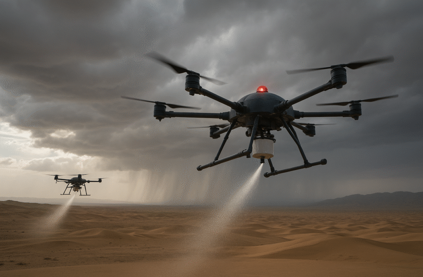 Drones pulvérisant des produits dans le désert pour provoquer la pluie.
