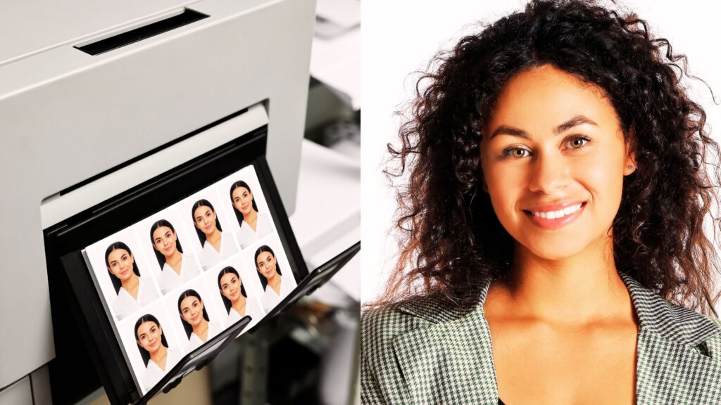 Photo d'identité imprimée et femme souriante en portrait studio