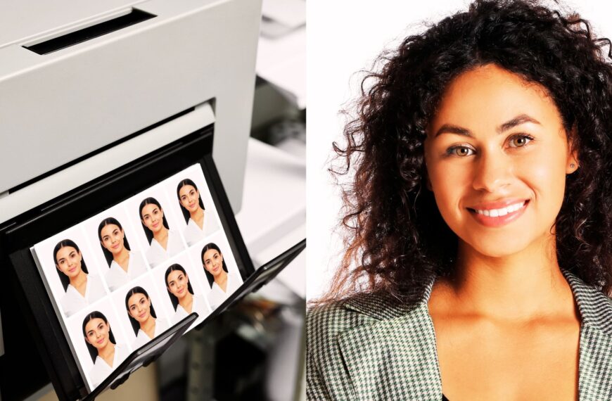 Photo d'identité imprimée et femme souriante en portrait studio