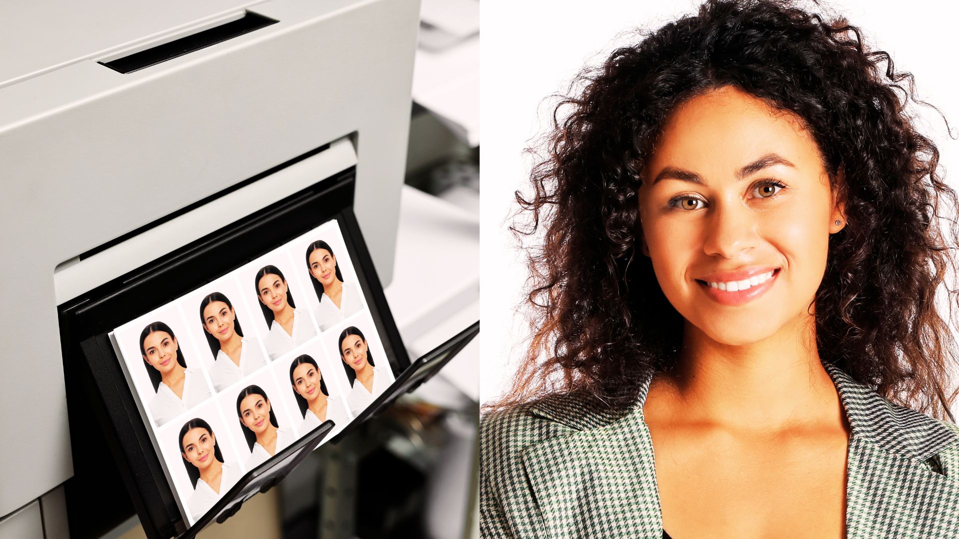 Photo d'identité imprimée et femme souriante en portrait studio