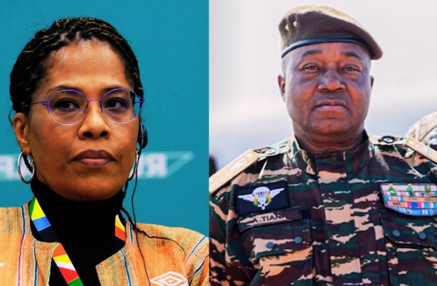 Portrait côte à côte de Nathalie Yamb, militante panafricaniste, et du général Abdourahamane Tiani, président du Niger en uniforme militaire.