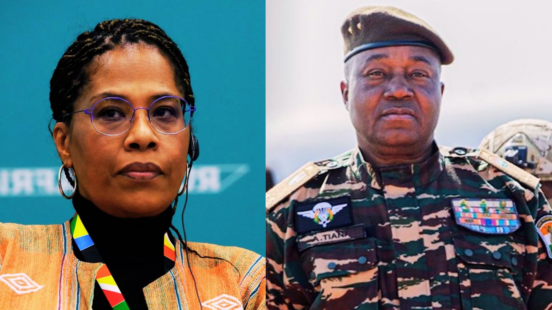 Portrait côte à côte de Nathalie Yamb, militante panafricaniste, et du général Abdourahamane Tiani, président du Niger en uniforme militaire.