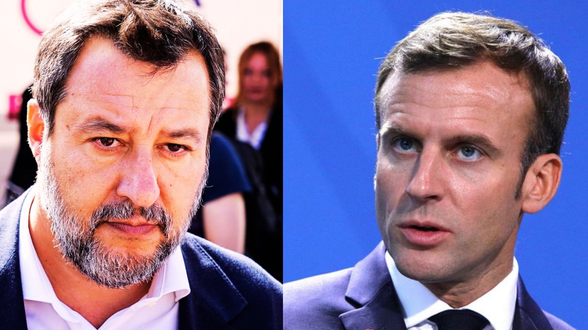 Matteo Salvini et Emmanuel Macron côte à côte, illustrant la tension diplomatique entre Rome et Paris sur l’Ukraine.