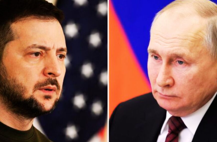 Rencontre à distance entre Volodymyr Zelensky et Vladimir Poutine, illustrant les tensions et les discussions de paix.