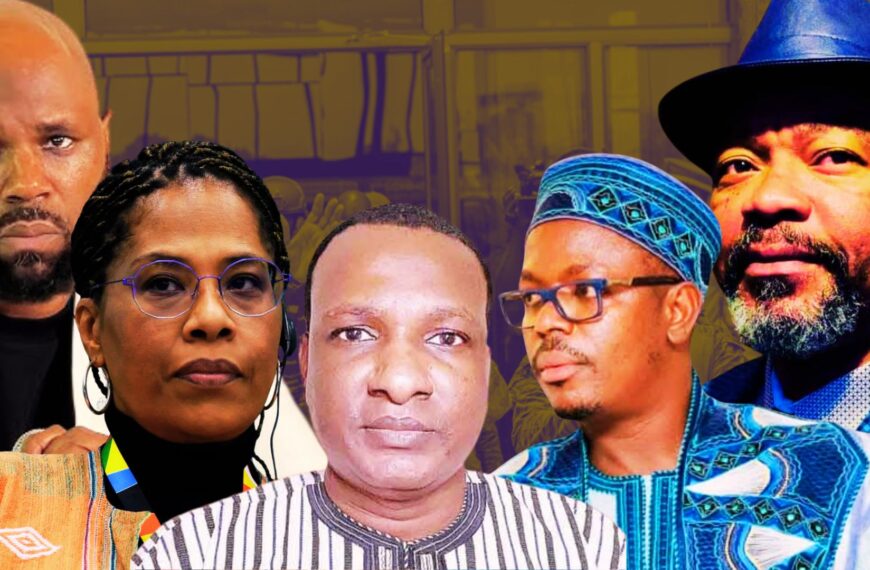 Portraits de figures panafricanistes comme Nathalie Yamb, Kemi Seba, Franklin Nyamsi et Ibrahima Maïga, symbolisant la dénonciation des sanctions et harcèlements par l’AES.
