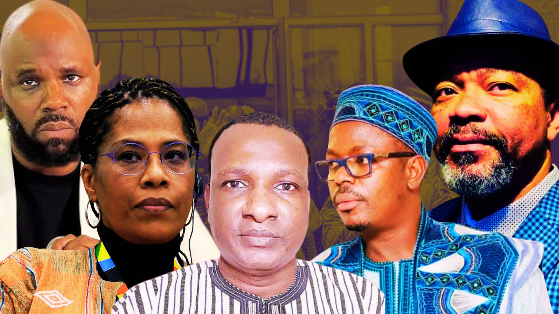 Portraits de figures panafricanistes comme Nathalie Yamb, Kemi Seba, Franklin Nyamsi et Ibrahima Maïga, symbolisant la dénonciation des sanctions et harcèlements par l’AES.