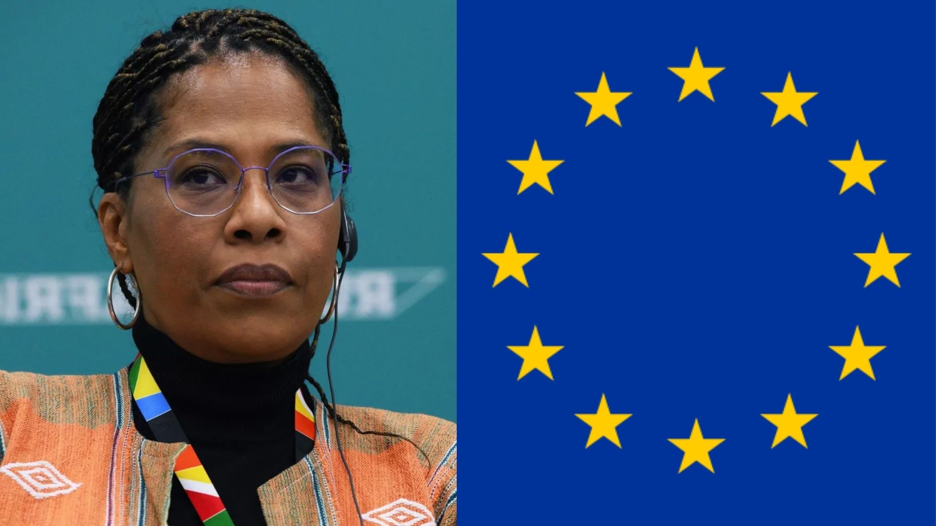 Portrait de Nathalie Yamb à gauche, drapeau de l’Union européenne à droite.