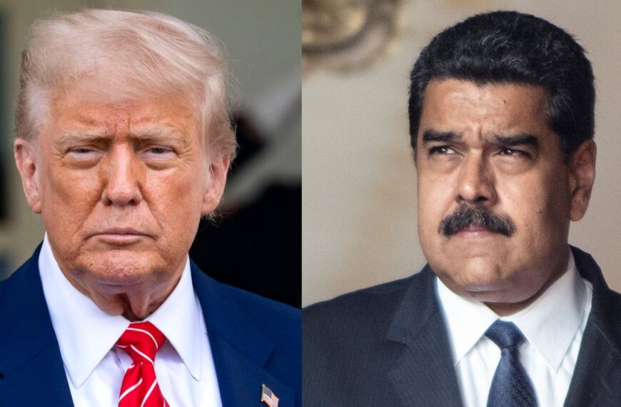 Portrait côte à côte de Donald Trump et Nicolás Maduro, tous deux en costume.