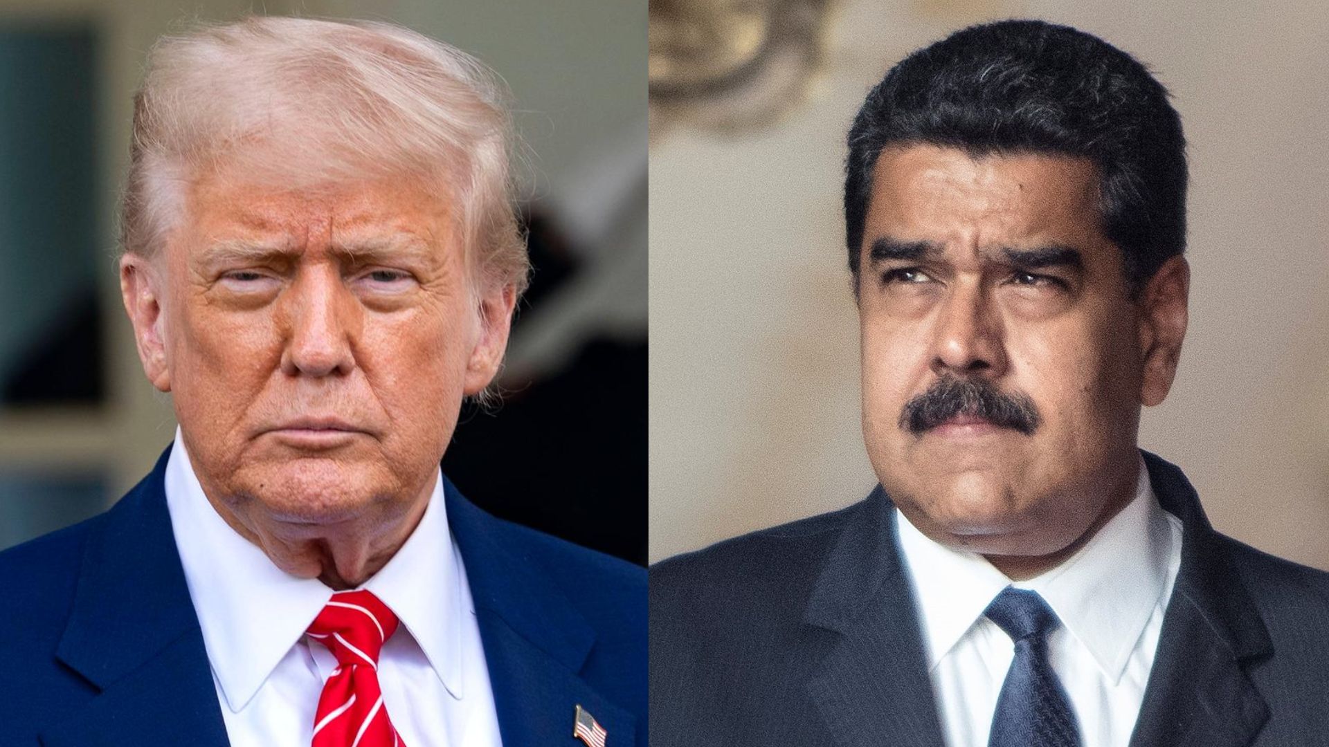 Portrait côte à côte de Donald Trump et Nicolás Maduro, tous deux en costume.