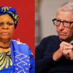 La présidente namibienne Netumbo Nandi-Ndaitwah en tenue traditionnelle bleue et jaune, et Bill Gates en pull bleu marine, assis et pensif.
