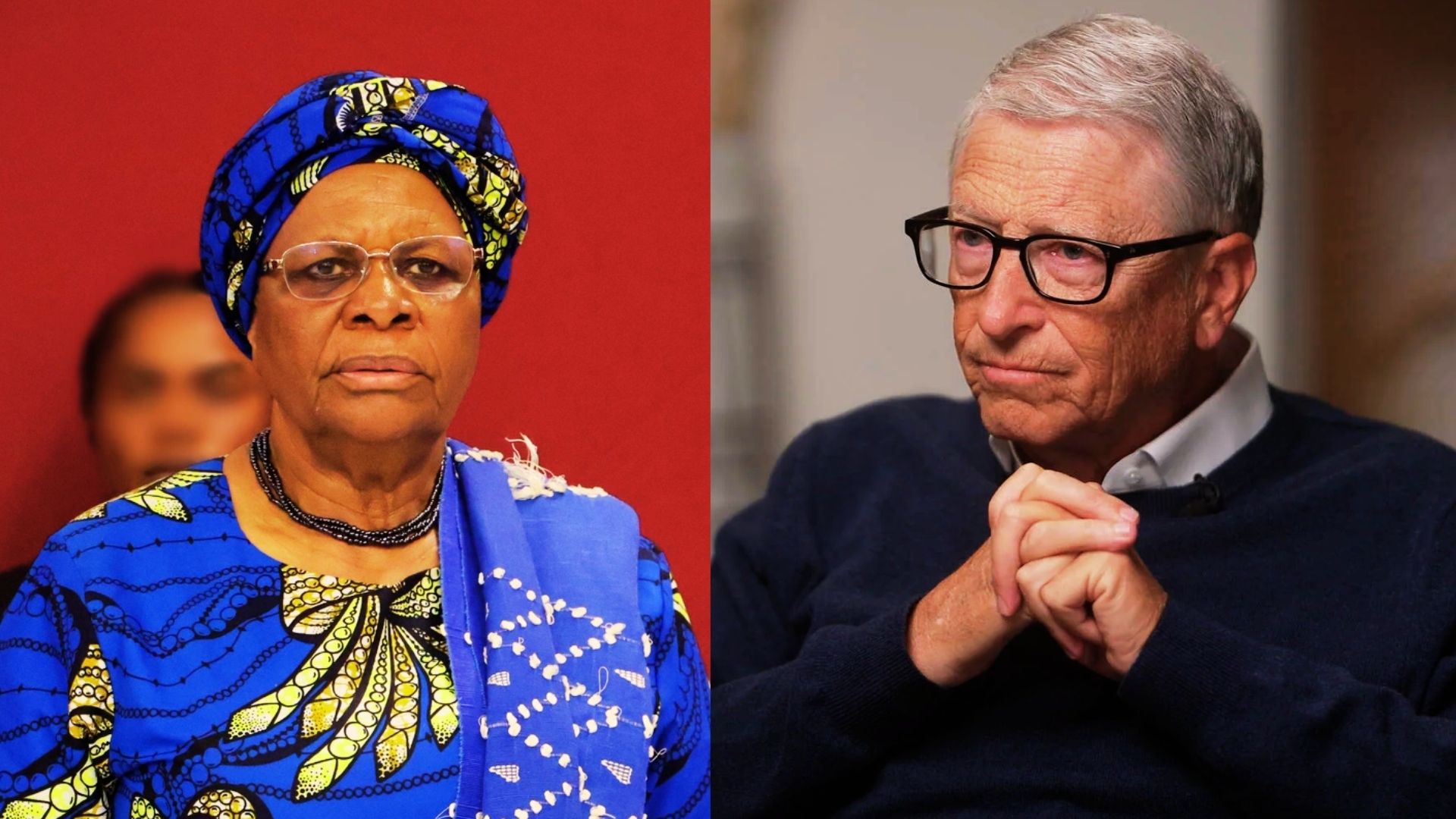 La présidente namibienne Netumbo Nandi-Ndaitwah en tenue traditionnelle bleue et jaune, et Bill Gates en pull bleu marine, assis et pensif.