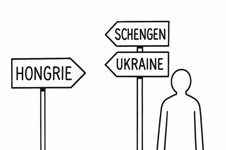 Hongrie – caricature montrant des panneaux directionnels vers Schengen et l’Ukraine.