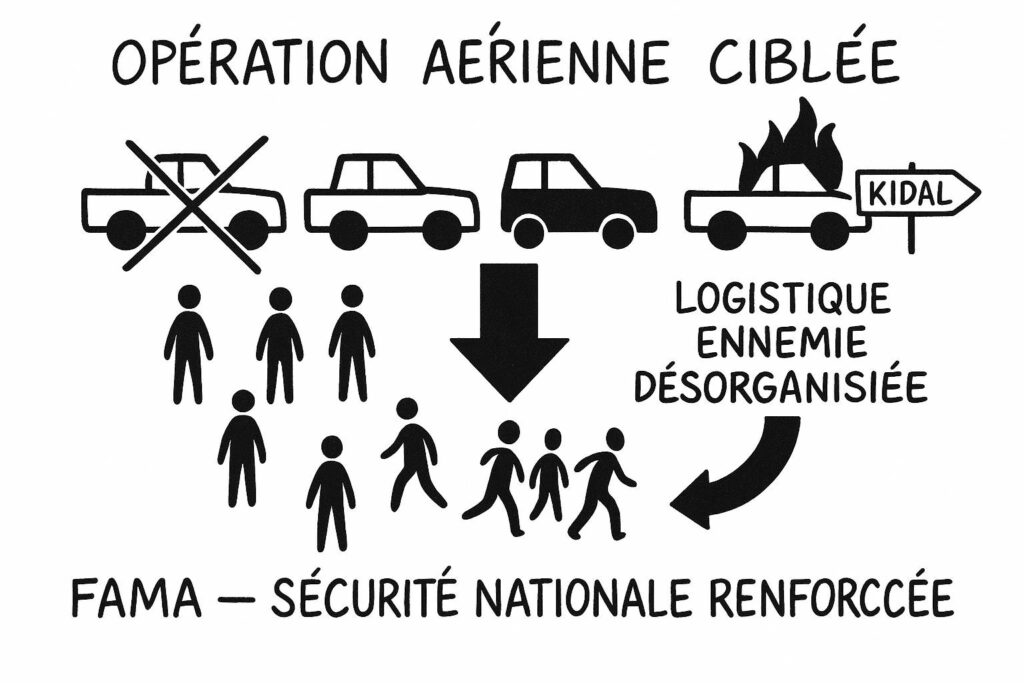 Schéma en noir et blanc représentant une opération aérienne des FAMa à Kidal, avec des pick-up détruits, silhouettes humaines et slogans.