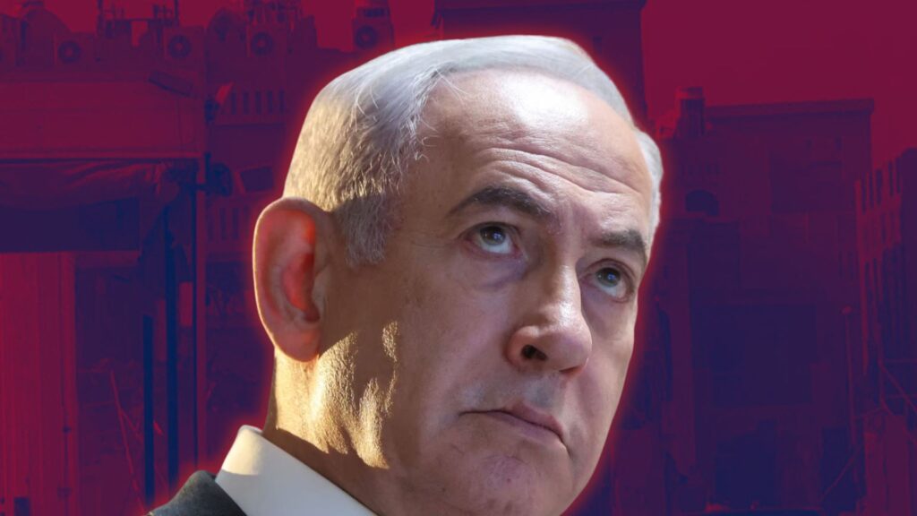 Portrait de Benjamin Netanyahu sur fond rouge sombre, symbolisant la tension et la crise au Moyen-Orient.
