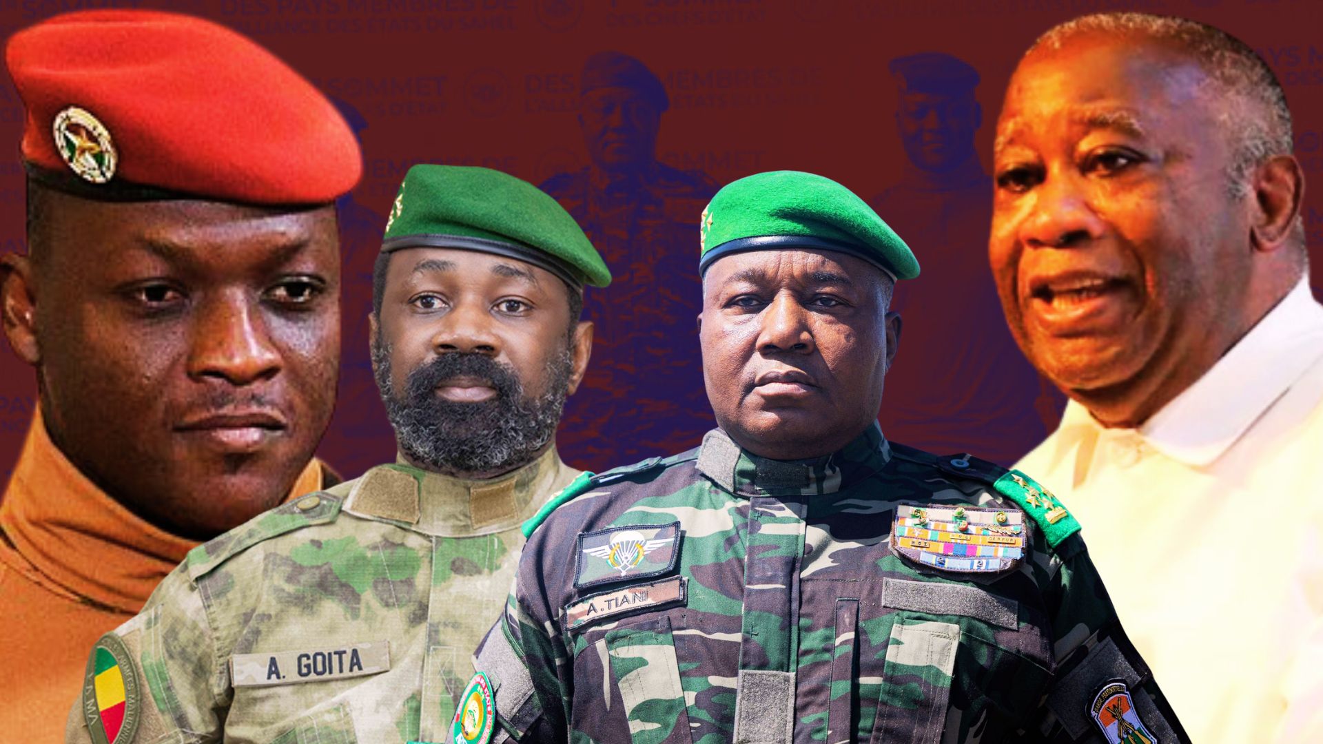 Montage réunissant les dirigeants du Burkina Faso, du Mali, du Niger et l’ancien président ivoirien Laurent Gbagbo.