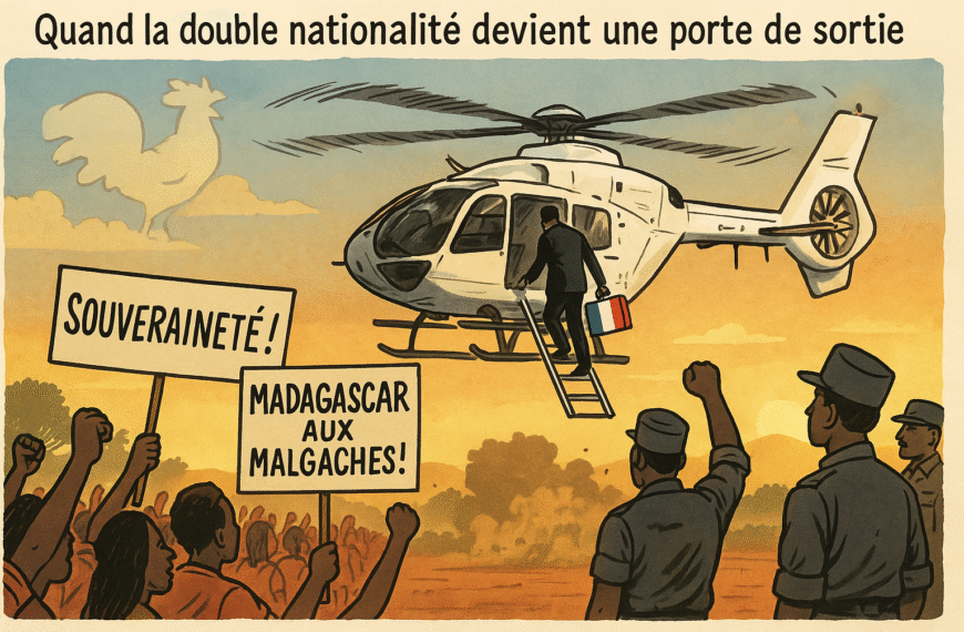 Un homme en costume monte à bord d’un hélicoptère blanc, tenant une valise aux couleurs de la France. En dessous, une foule de citoyens et de militaires lève le poing en scandant des slogans tels que « Souveraineté ! » et « Madagascar aux Malgaches ! ». Le ciel orangé du crépuscule laisse apparaître la silhouette d’un coq, symbole discret de la France.
