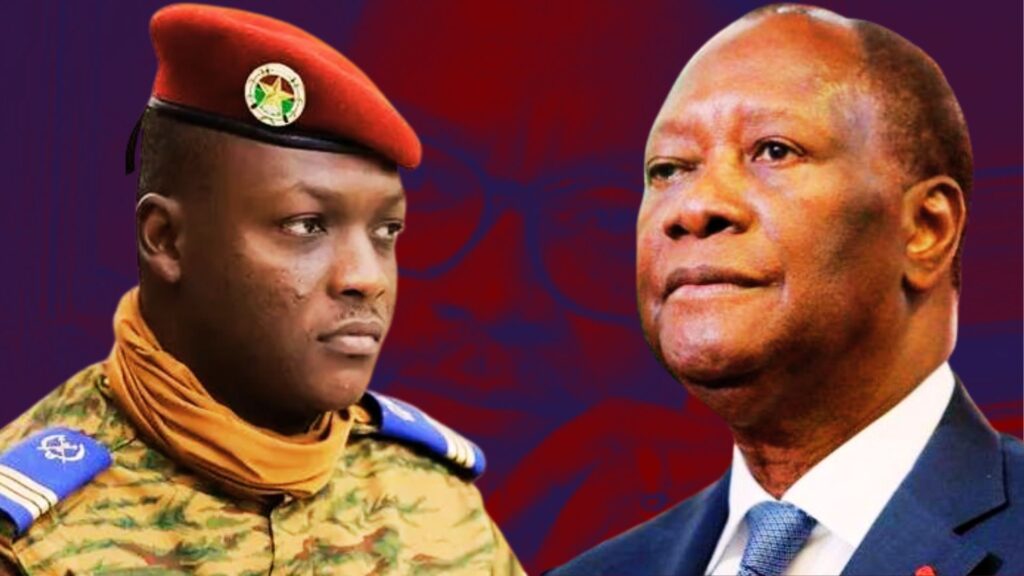Deux dirigeants africains face à face symbolisant les tensions politiques entre le Burkina Faso et la Côte d’Ivoire.