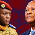 Deux dirigeants africains face à face symbolisant les tensions politiques entre le Burkina Faso et la Côte d’Ivoire.