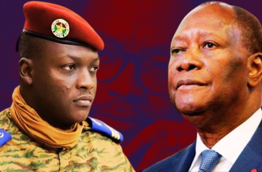 Deux dirigeants africains face à face symbolisant les tensions politiques entre le Burkina Faso et la Côte d’Ivoire.