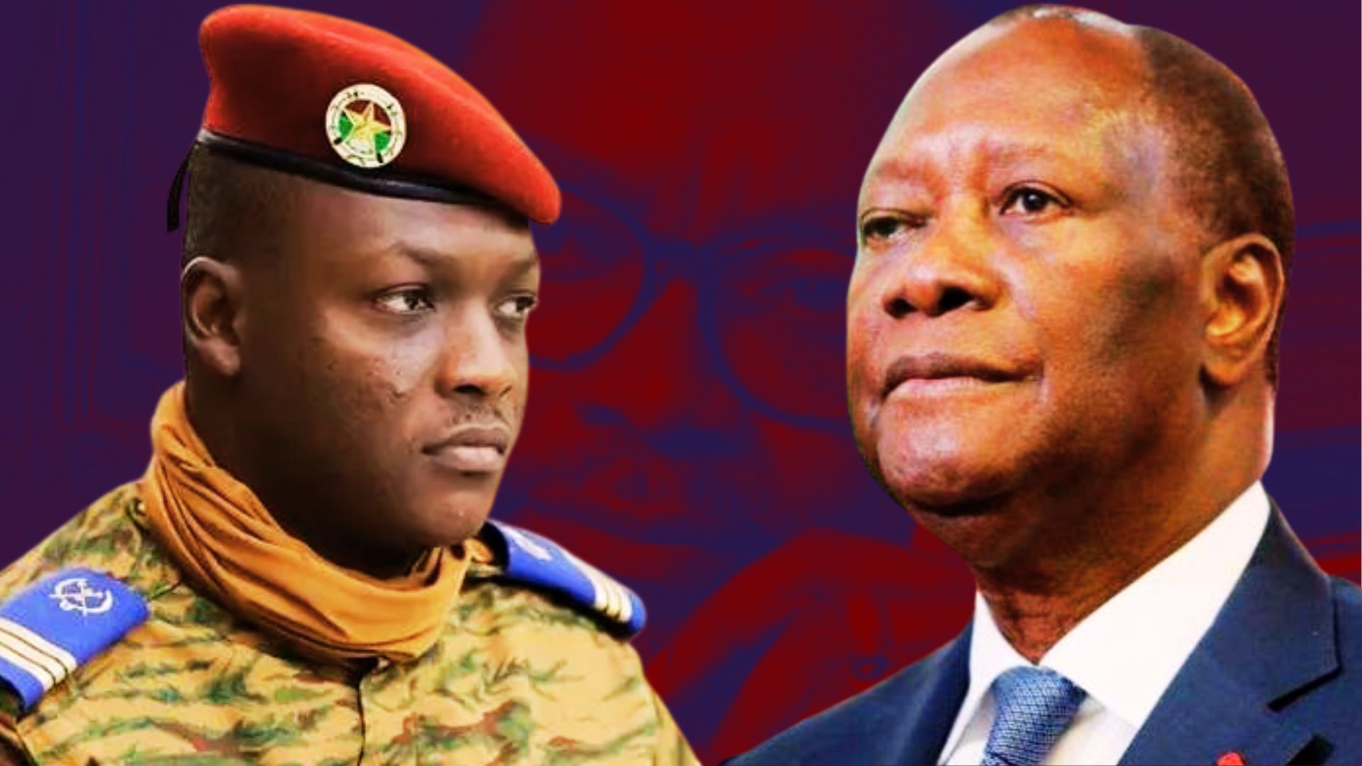 Deux dirigeants africains face à face symbolisant les tensions politiques entre le Burkina Faso et la Côte d’Ivoire.