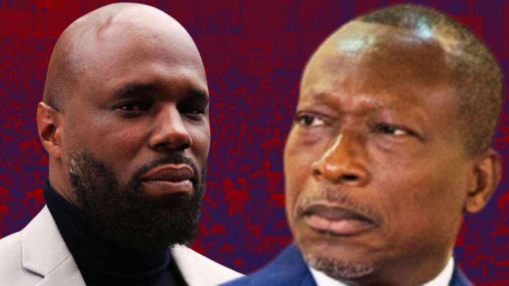 Montage montrant Kémi Seba et Patrice Talon face à face, symbolisant une opposition politique au Bénin.