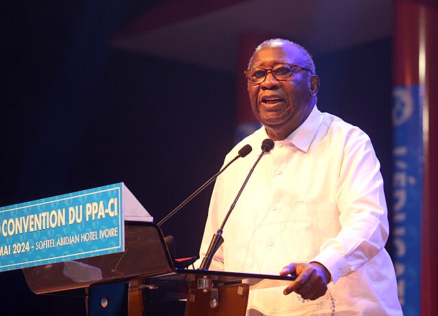 Laurent Gbagbo prononce un discours lors de la convention du PPA-CI, à Abidjan, en mai 2024.