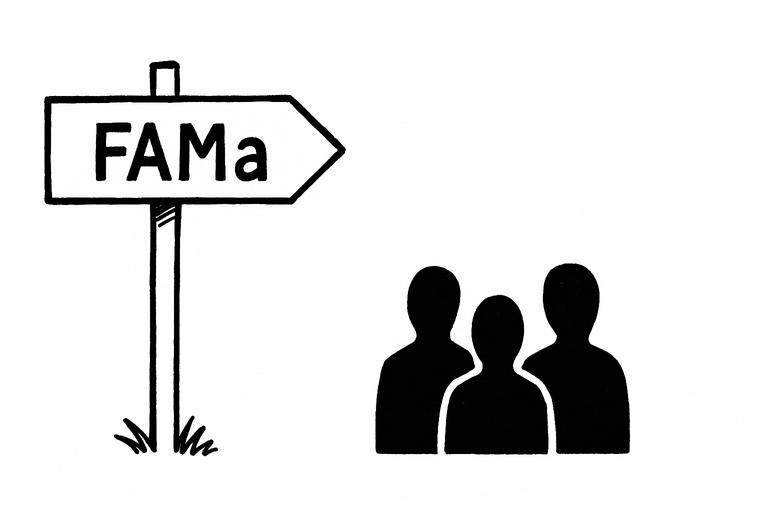 Caricature en noir et blanc représentant un panneau avec l’inscription « FAMa » pointant vers la droite, accompagné de silhouettes humaines anonymes sur fond blanc.