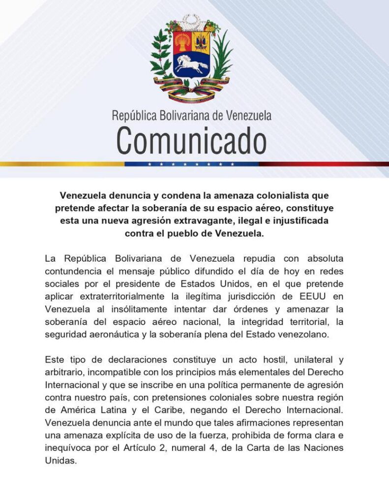 Communiqué officiel du Venezuela publié sur Telegram.