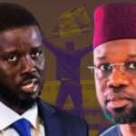 Montage représentant le président sénégalais Diomaye Faye et le Premier ministre Ousmane Sonko face à face.