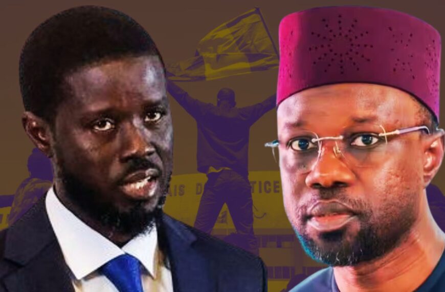 Montage représentant le président sénégalais Diomaye Faye et le Premier ministre Ousmane Sonko face à face.