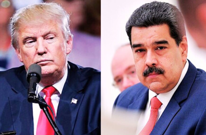Montage montrant Nicolás Maduro et Donald Trump face à face lors d’un visuel diplomatique.