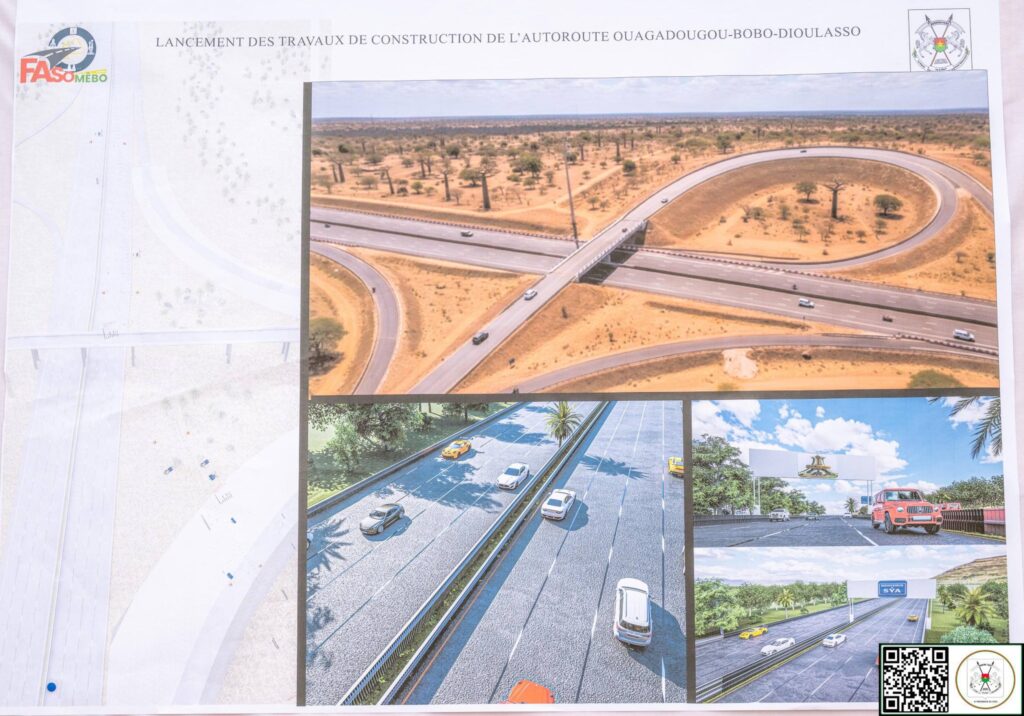 Visuels de présentation du projet de l’autoroute Ouagadougou–Bobo-Dioulasso au Burkina Faso, montrant des échangeurs et des sections autoroutières en conception.
