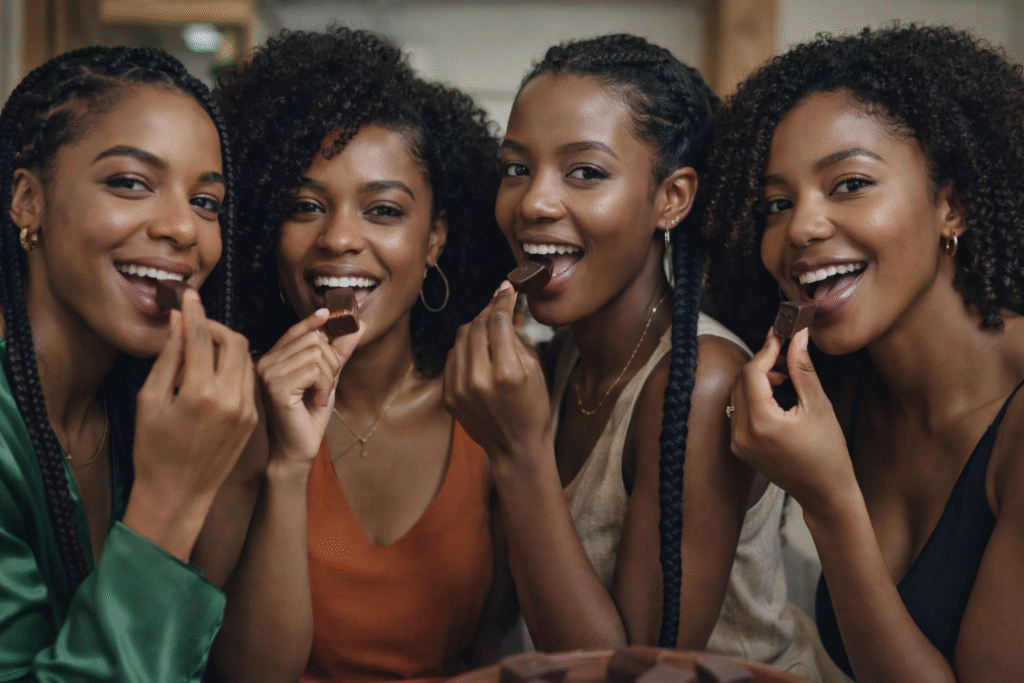 Quatre femmes noires dégustent des morceaux de chocolat dans un cadre convivial.