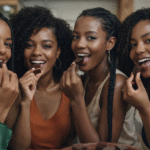 Quatre femmes noires dégustent des morceaux de chocolat dans un cadre convivial.