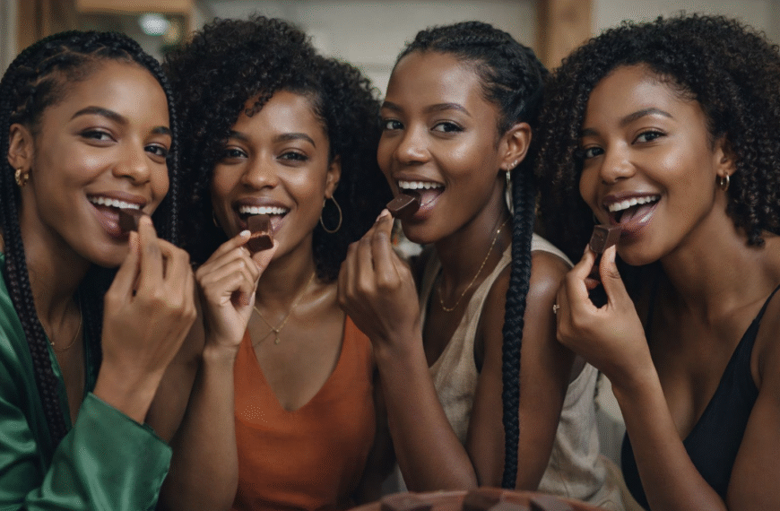 Quatre femmes noires dégustent des morceaux de chocolat dans un cadre convivial.