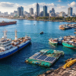 Vue du port de Lagos au Nigeria avec navires, activités maritimes et installations liées à l’économie bleue.