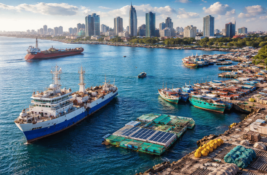 Vue du port de Lagos au Nigeria avec navires, activités maritimes et installations liées à l’économie bleue.