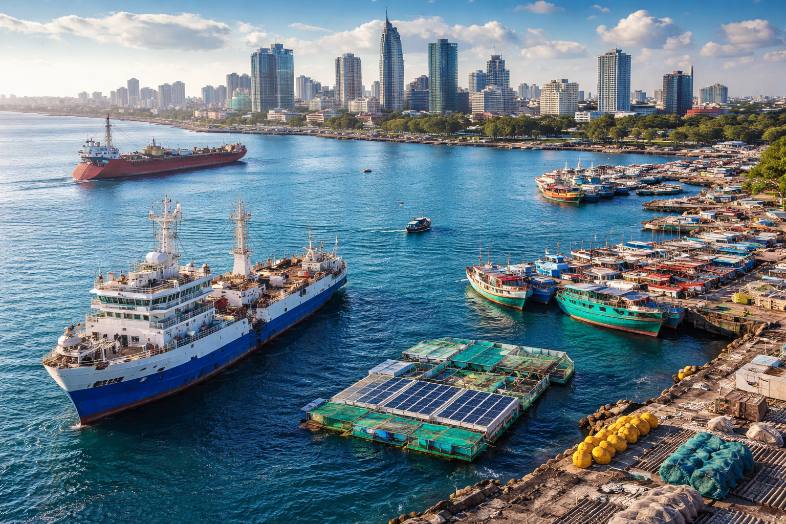 Vue du port de Lagos au Nigeria avec navires, activités maritimes et installations liées à l’économie bleue.