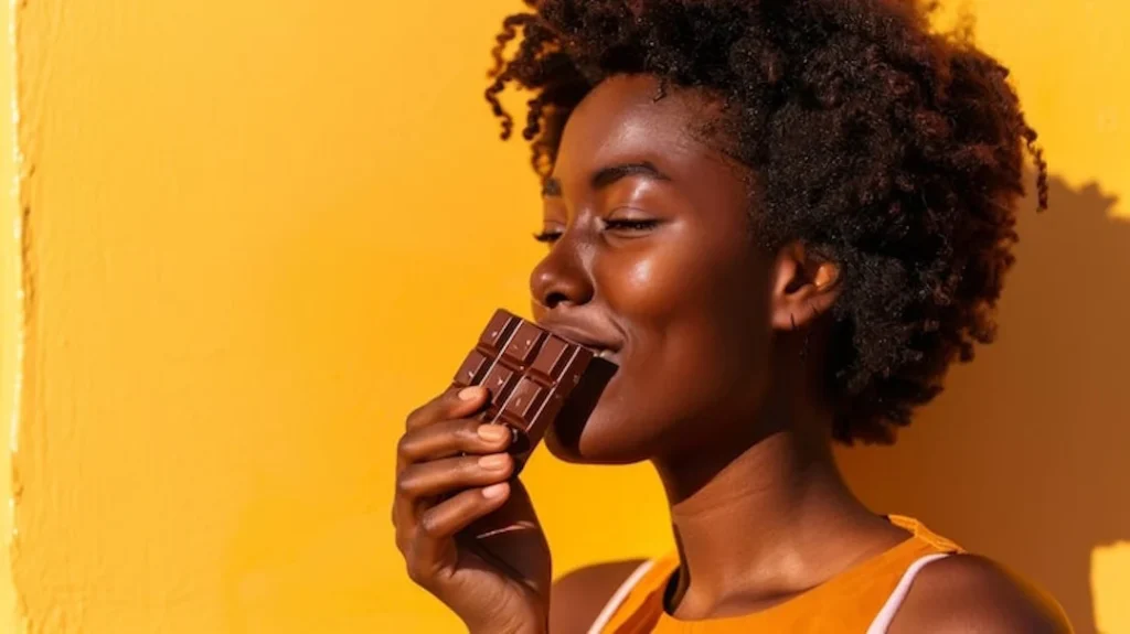 Femme noire dégustant une tablette de chocolat noir devant un fond jaune.