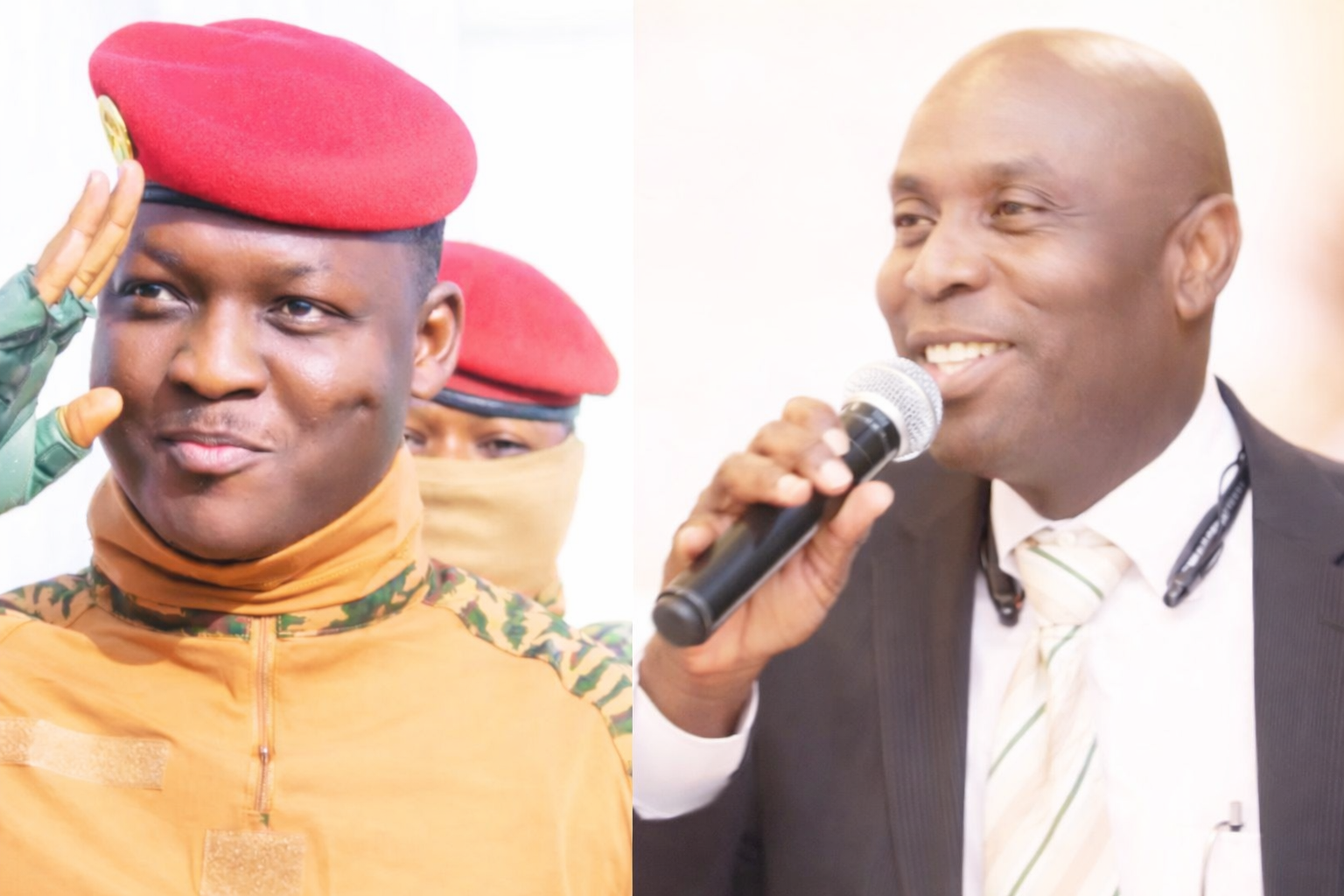 Portraits croisés du capitaine Ibrahim Traoré en tenue militaire à gauche et de l’ex-sénateur haïtien Jacques Sauveur Jean s’exprimant au micro, illustrant le lien symbolique entre le Burkina Faso et Haïti.