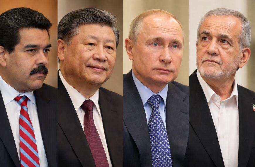 Montage 16:9 de dirigeants politiques illustrant les identités étatiques et les équilibres géopolitiques, incluant le contexte du Venezuela.